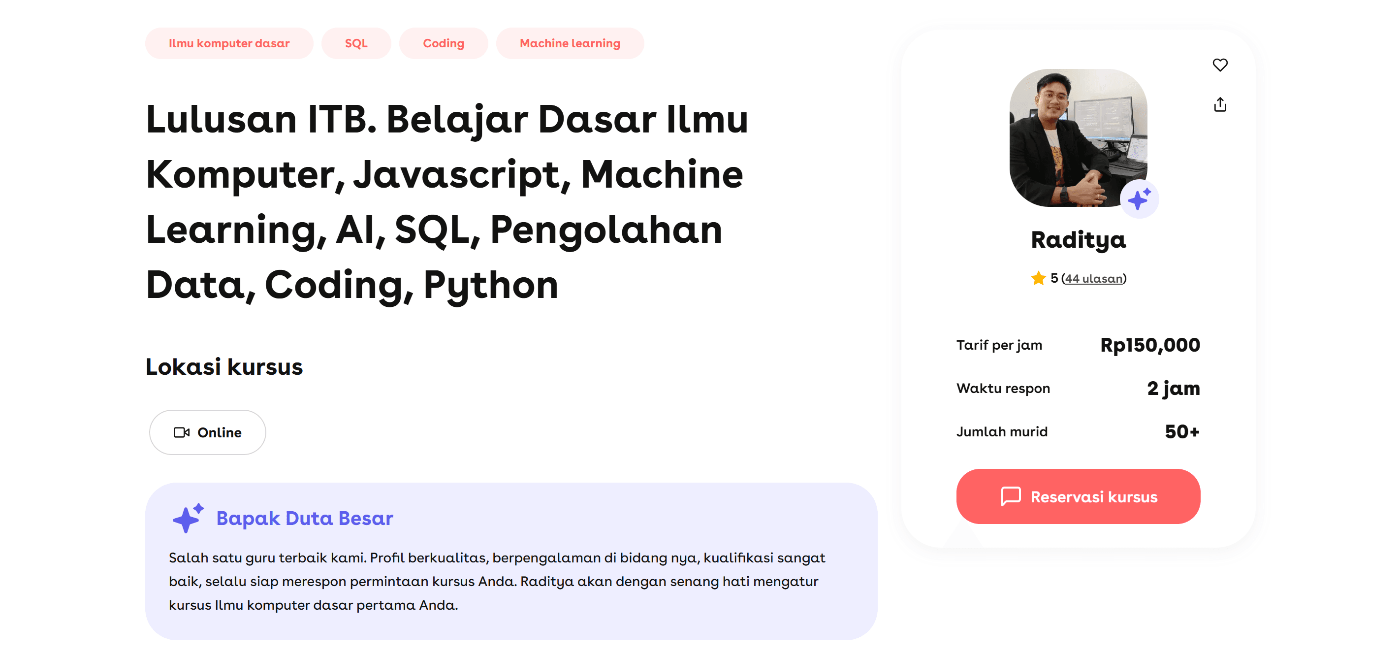Dasar Ilmu Komputer, JavaScript, Machine Learning, SQL, Pengolahan Data, Coding Python
